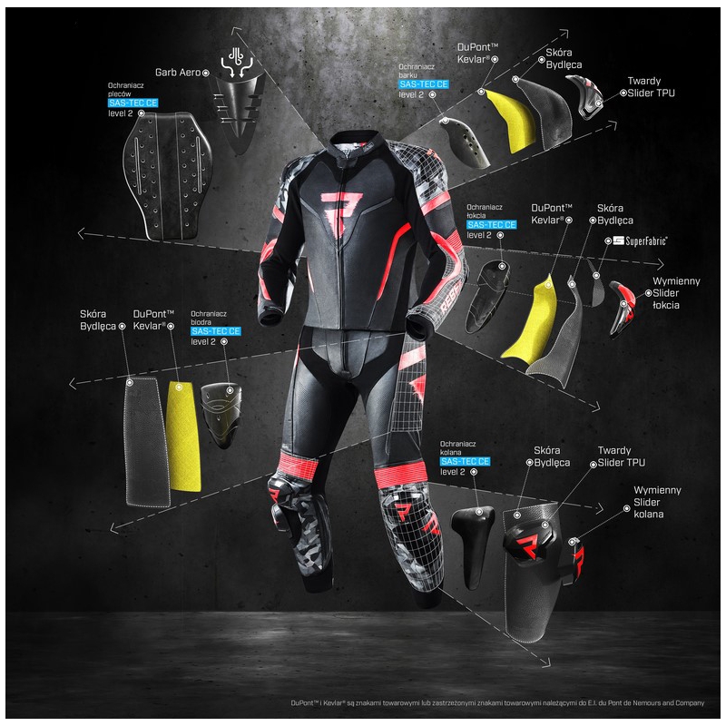 Rebelhorn Rebel Black-White-Fluo Red Мотоциклетен комбинезон разпродажба