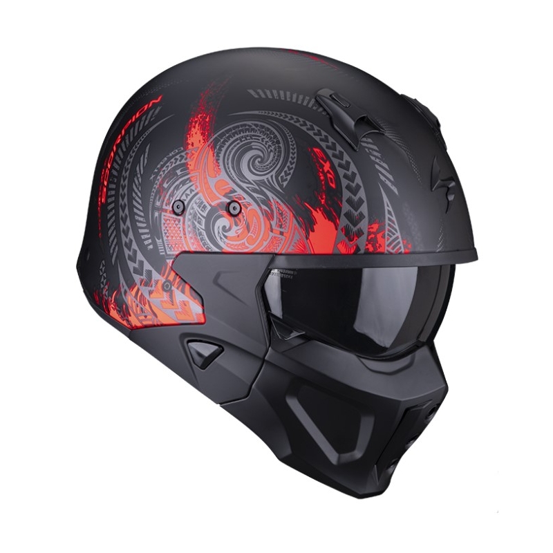Отворена каска с маска SCORPION COVERT-X TATTOO матово черно-червена