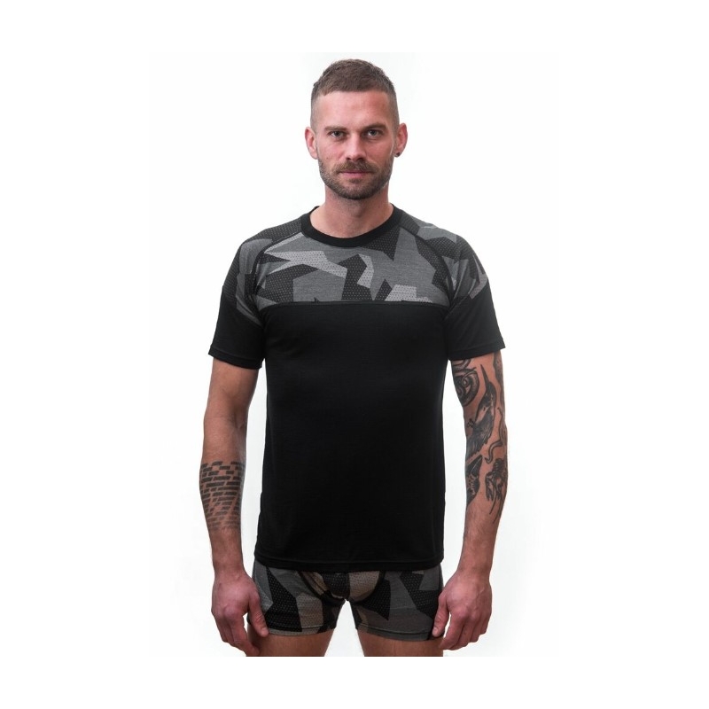 Pánské termo triko Sensor Merino Impress černo-maskáčové - krátký rukáv výprodej