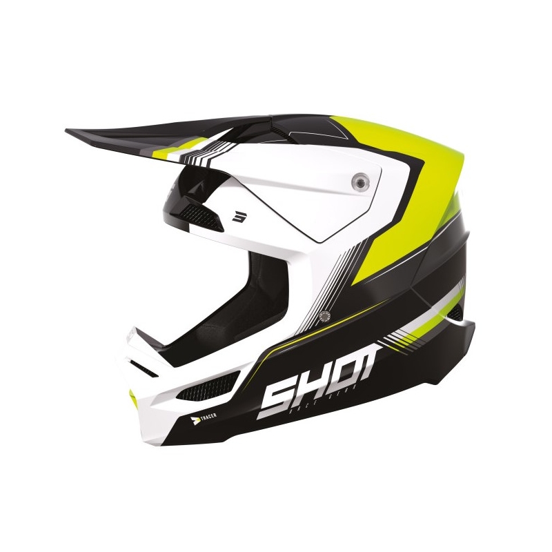 Каска за мотокрос Shot Race Tracer бяло-черно-флуорово жълто разпродажба