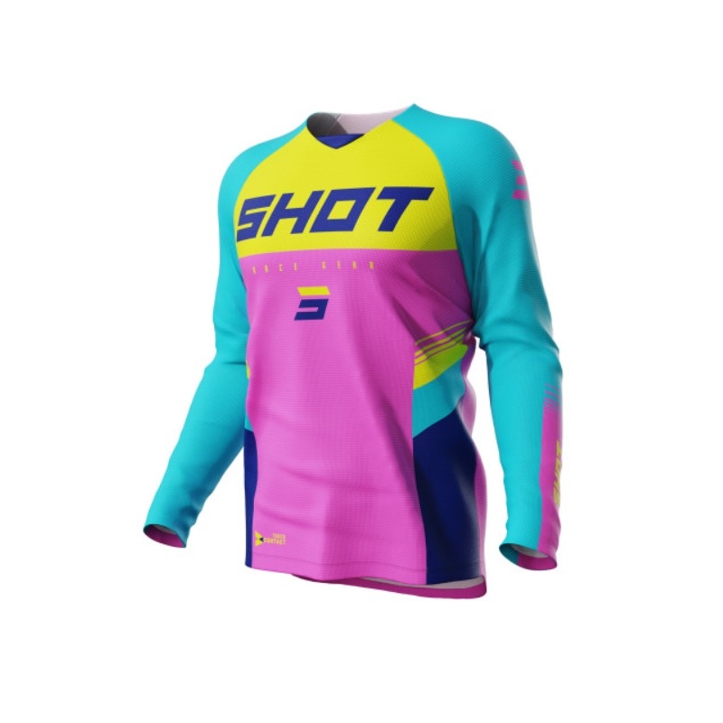 Детско трико за мотокрос Shot Raw Kid Tracer тюркоазено-жълто-розово