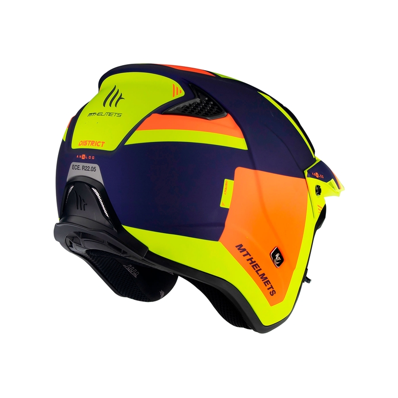 Otevřená trialová přilba na motorku MT District SV Analog D27 modro-oranžovo-fluo žlutá
