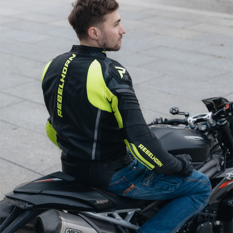 Кожено мотоциклетно яке Rebelhorn Vandal Black-Fluo Yellow разпродажба