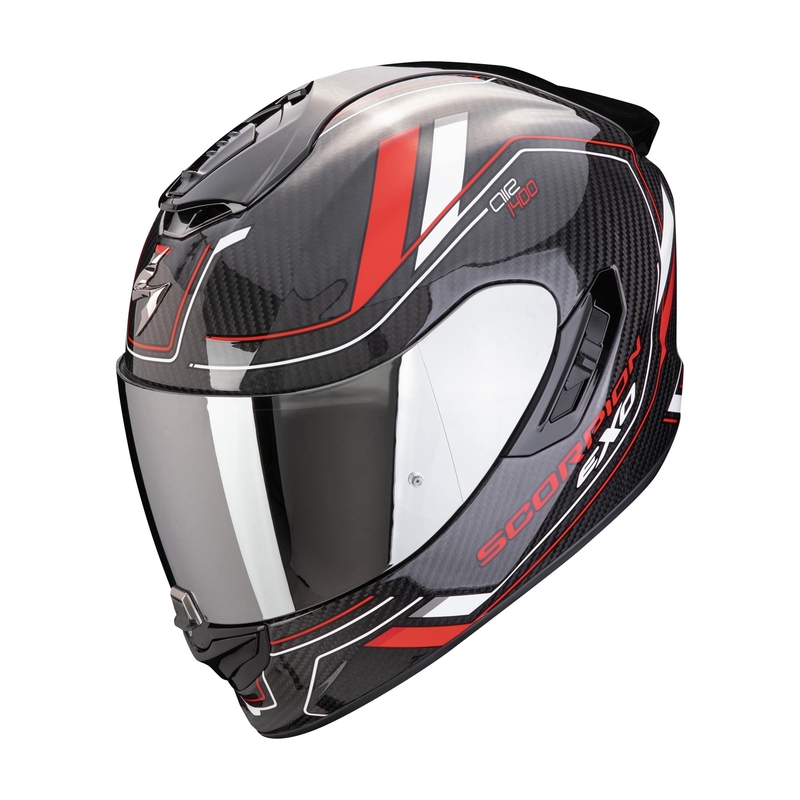 Интегрална мотоциклетна каска Scorpion EXO-1400 EVO II CARBON AIR MIRAGE черно-червено-бяла