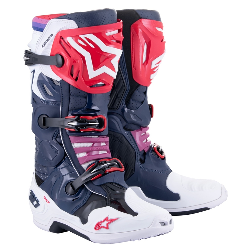 Перфорирани мотоциклетни ботуши Alpinestars Tech 10 Supervented, тъмносиньо-бяло-червено-лилаво