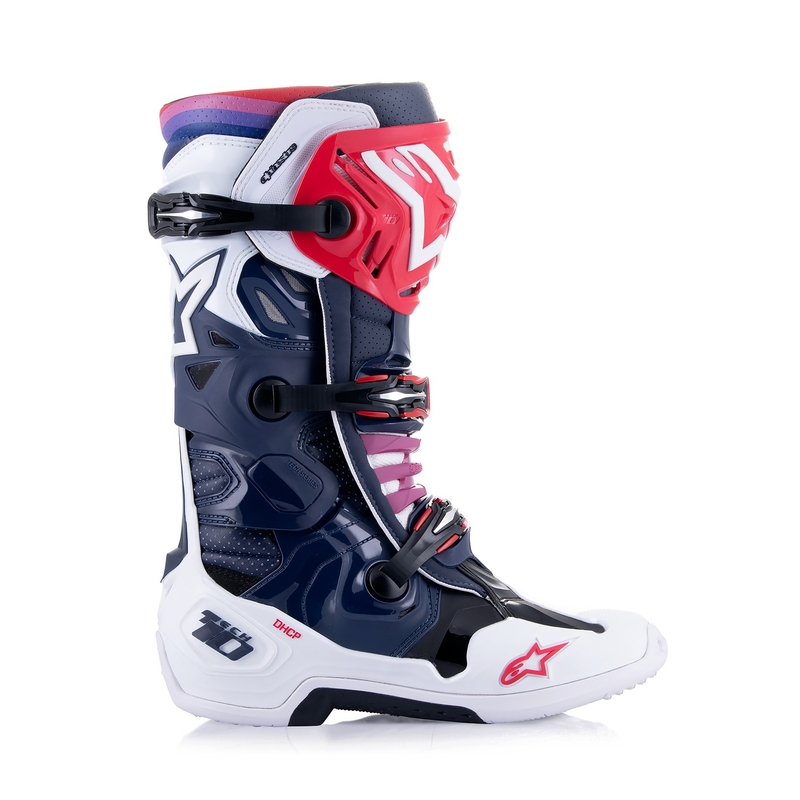 Перфорирани мотоциклетни ботуши Alpinestars Tech 10 Supervented, тъмносиньо-бяло-червено-лилаво