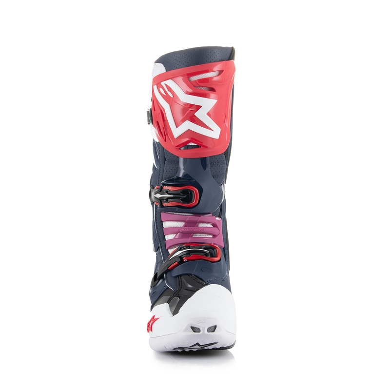 Перфорирани мотоциклетни ботуши Alpinestars Tech 10 Supervented, тъмносиньо-бяло-червено-лилаво