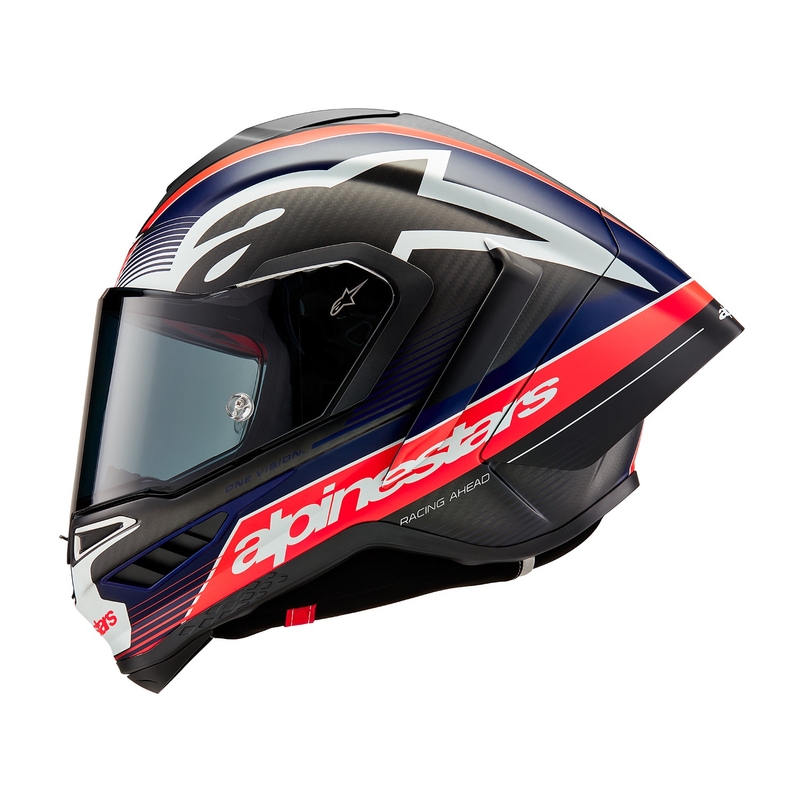 Мото каска за цял нос Alpinestars Supertech R-10 Team carbon fluo червено-синьо-бяло матово