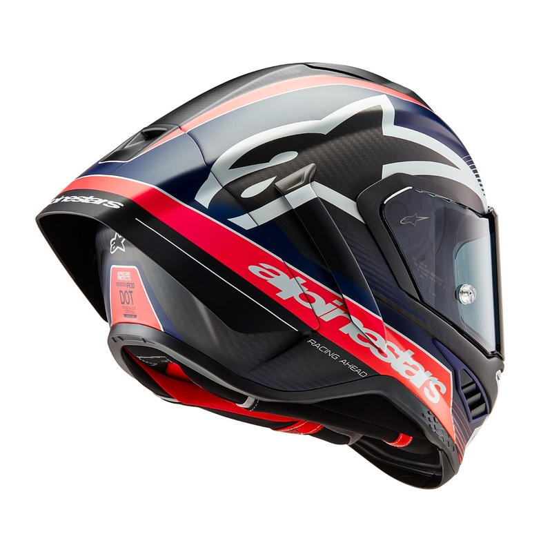 Мото каска за цял нос Alpinestars Supertech R-10 Team carbon fluo червено-синьо-бяло матово