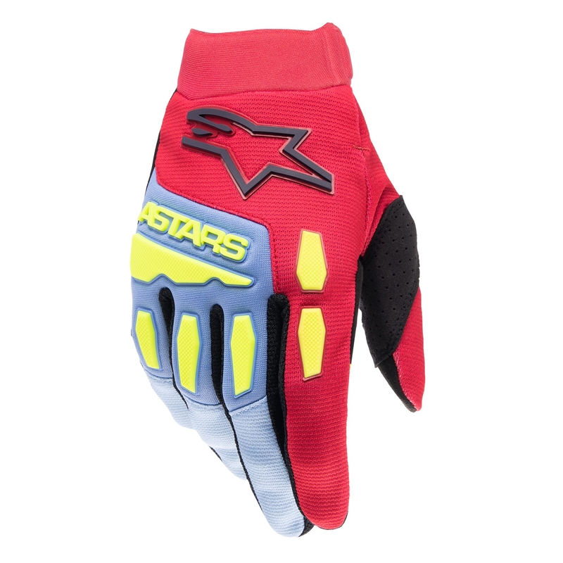 Alpinestars Full Bore ръкавици за мотокрос светло синьо-червено-жълто лудо-черно