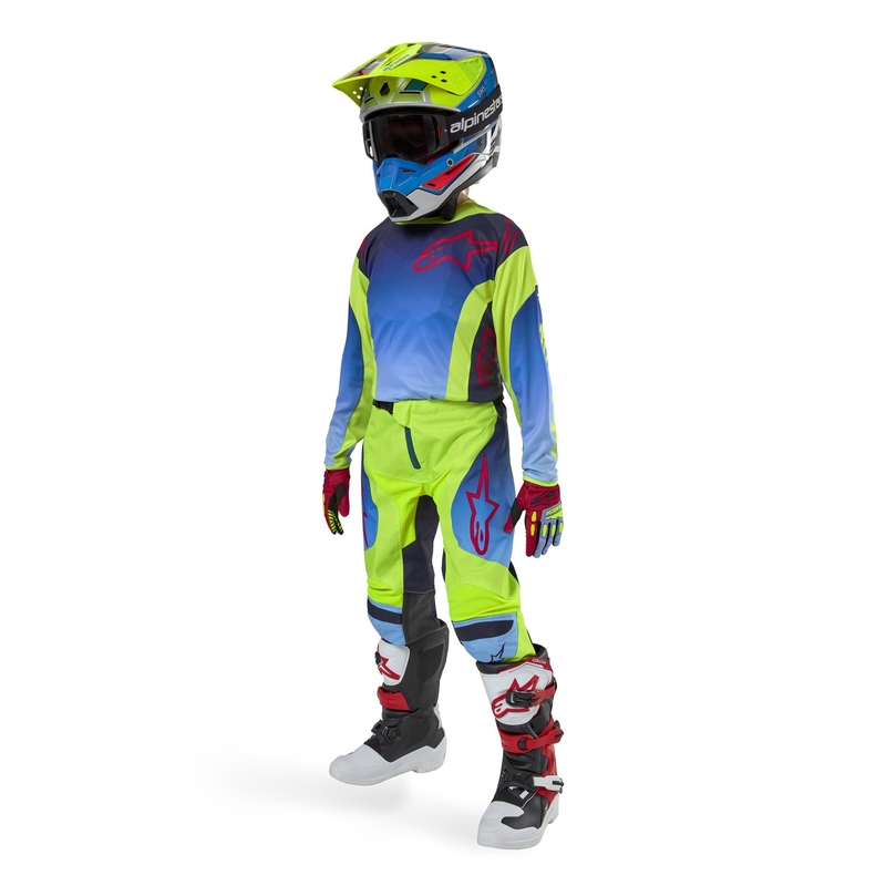 Детски панталони за мотокрос Alpinestars Racer Hoen fluo жълто-синьо-червено