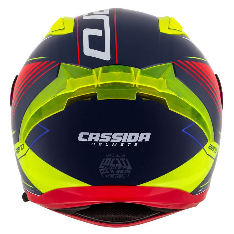 Cassida Aero Drome интегрална мотоциклетна каска перлено синьо-жълто-оранжево-червено-бяло