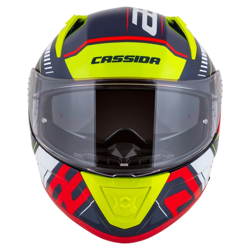 Cassida Aero Drome интегрална мотоциклетна каска перлено синьо-жълто-оранжево-червено-бяло