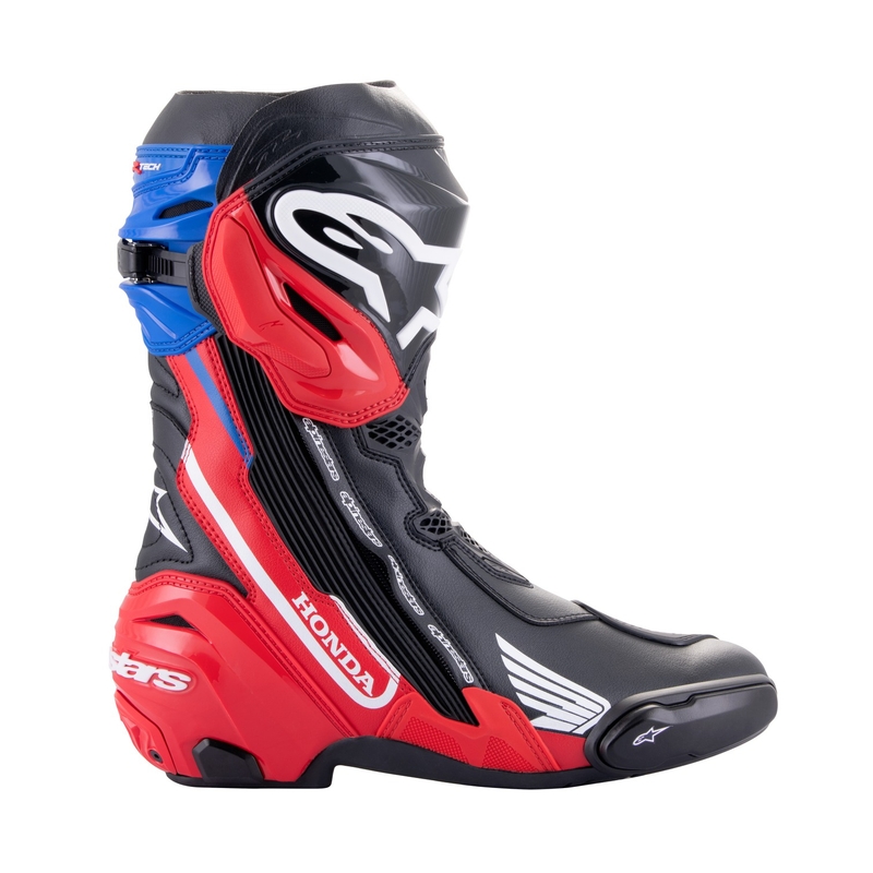 Мотоциклетни ботуши Alpinestars Supertech R Honda черно-червено флуоресцентно-синьо-бели