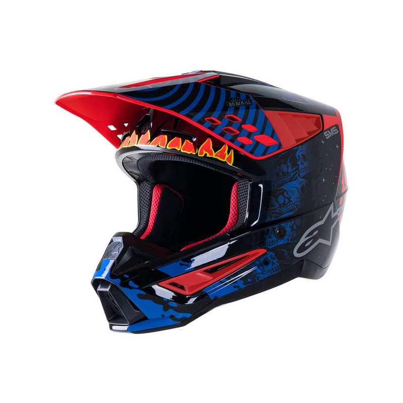 Alpinestars S-M5 Solar Flare Черно-синьо-флуо червено-флуо жълто Мотокрос каска разпродажба