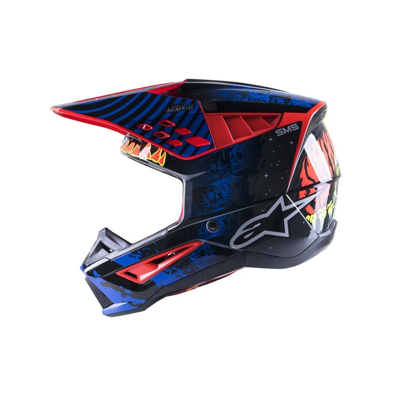 Alpinestars S-M5 Solar Flare Черно-синьо-флуо червено-флуо жълто Мотокрос каска разпродажба