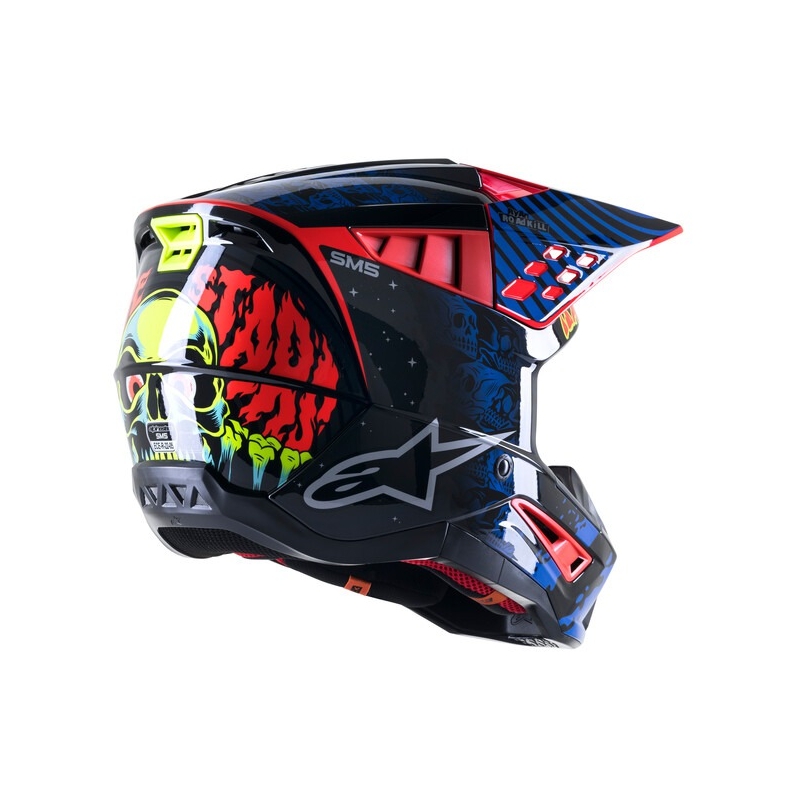 Alpinestars S-M5 Solar Flare Черно-синьо-флуо червено-флуо жълто Мотокрос каска разпродажба