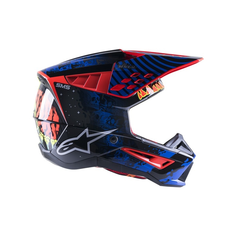 Alpinestars S-M5 Solar Flare Черно-синьо-флуо червено-флуо жълто Мотокрос каска разпродажба