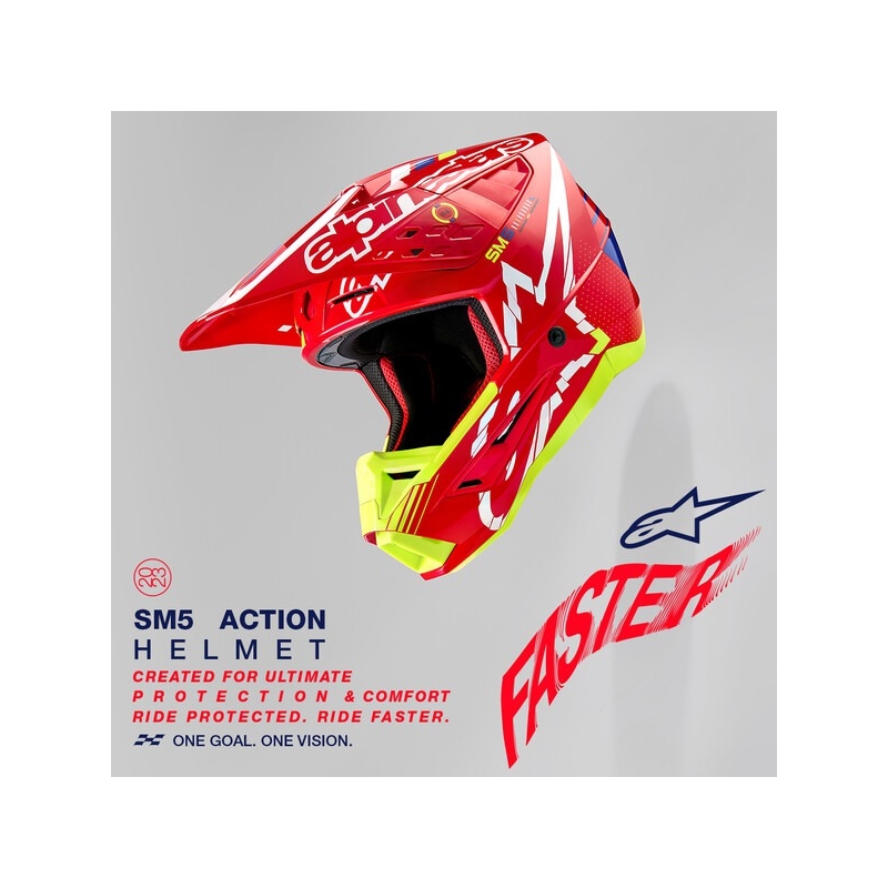 Alpinestars S-M5 Action червено-флуорово-жълто-бяло-синя мотокрос каска