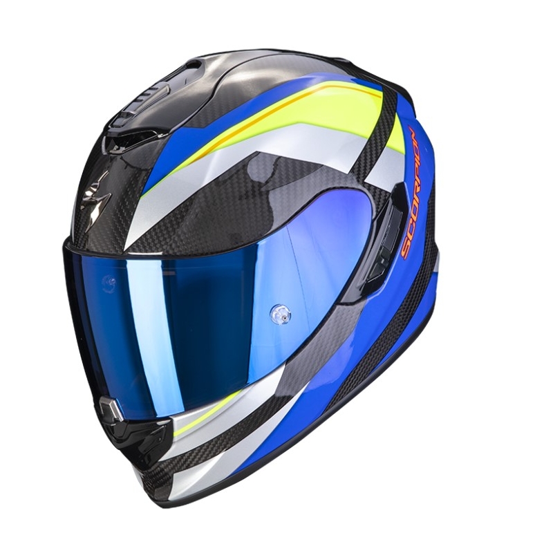 Интегрална мотоциклетна каска Scorpion Exo-1400 Carbon Air Legione blue-fluo yellow - клас II