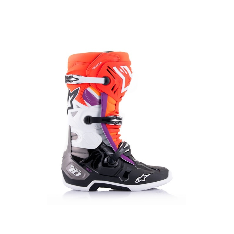 Alpinestars Tech 10 оранжево-жълто-лилаво-бяло-черни мотоциклетни ботуши