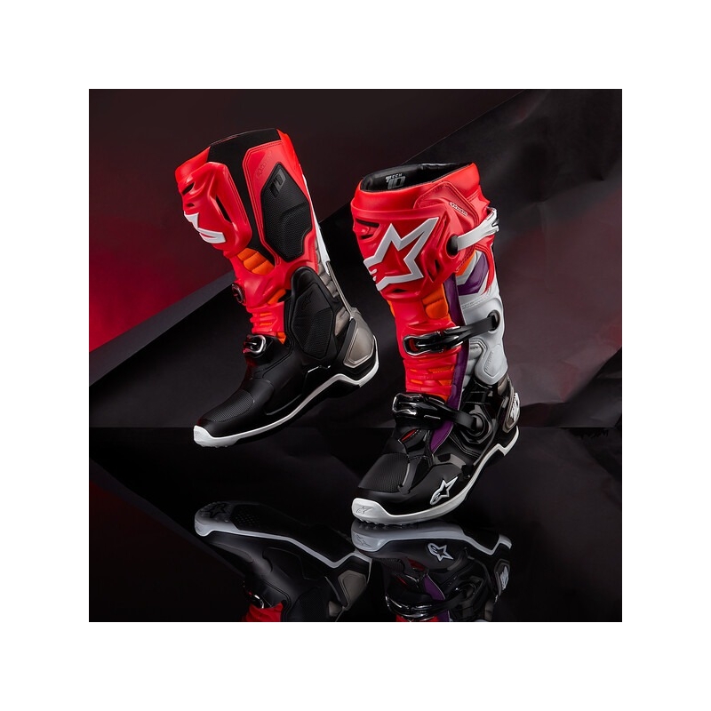 Alpinestars Tech 10 оранжево-жълто-лилаво-бяло-черни мотоциклетни ботуши