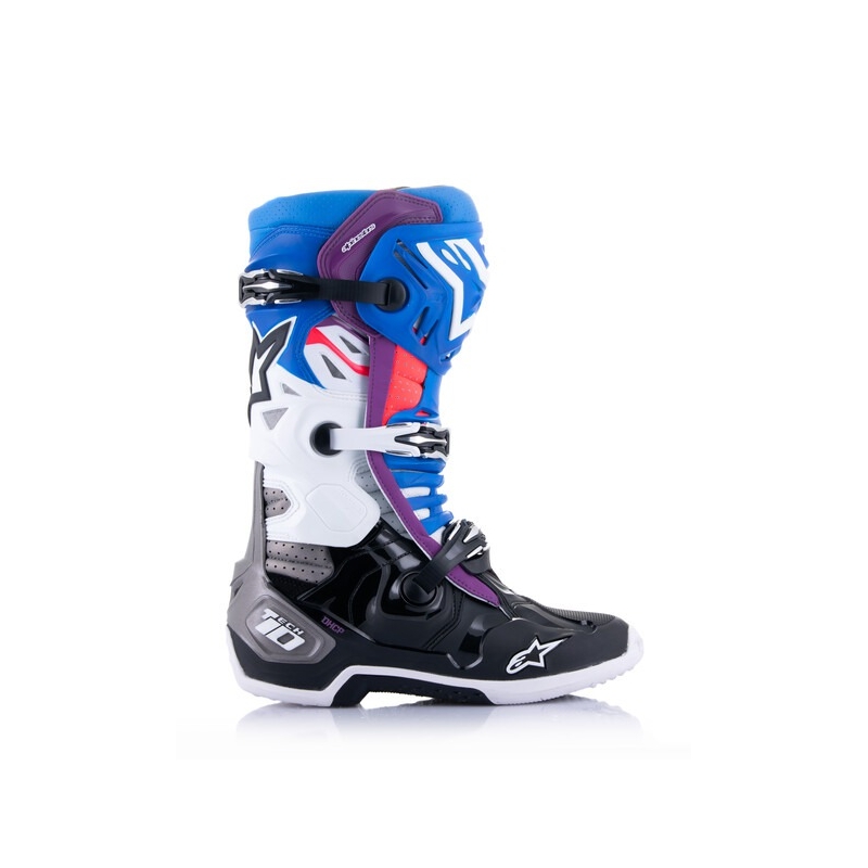 Alpinestars Tech 10 Supervented Перфорирани синьо-лилаво-розово-бяло-сиво-черни мотоциклетни ботуши