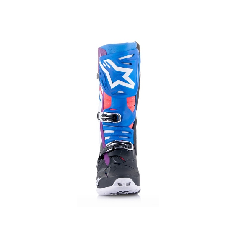 Alpinestars Tech 10 Supervented Перфорирани синьо-лилаво-розово-бяло-сиво-черни мотоциклетни ботуши
