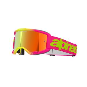 Alpinestars Vision 5 Wordmark розово-флуорово-жълти очила за мотокрос с огледален червен плексиглас
