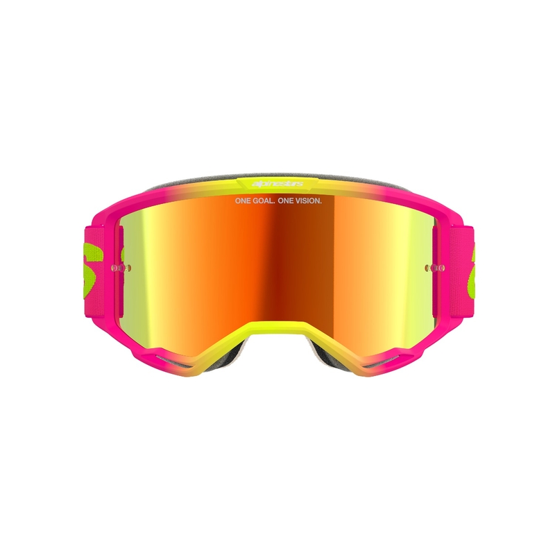Alpinestars Vision 5 Wordmark розово-флуорово-жълти очила за мотокрос с огледален червен плексиглас