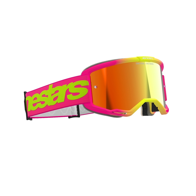 Alpinestars Vision 5 Wordmark розово-флуорово-жълти очила за мотокрос с огледален червен плексиглас