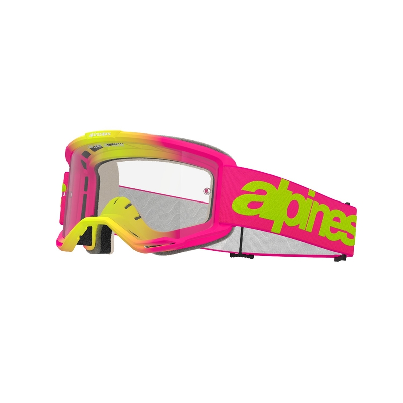 Alpinestars Vision 5 Wordmark розово-флуорово-жълти очила за мотокрос с прозрачен плексиглас