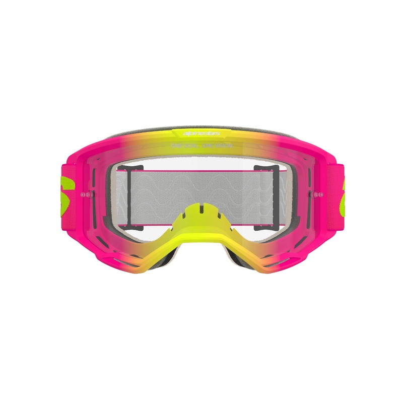 Alpinestars Vision 5 Wordmark розово-флуорово-жълти очила за мотокрос с прозрачен плексиглас