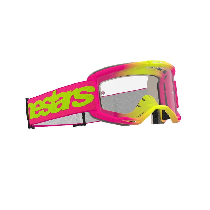 Alpinestars Vision 5 Wordmark розово-флуорово-жълти очила за мотокрос с прозрачен плексиглас