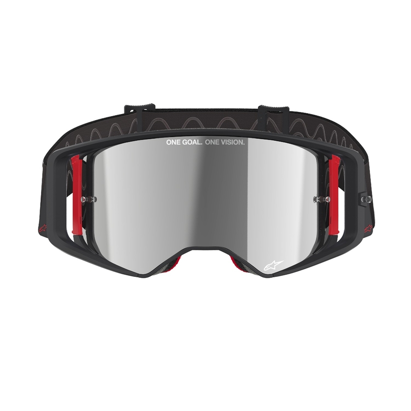 Очила за мотокрос Alpinestars Supertech Corp в черно и червено с огледални сребърни стъкла