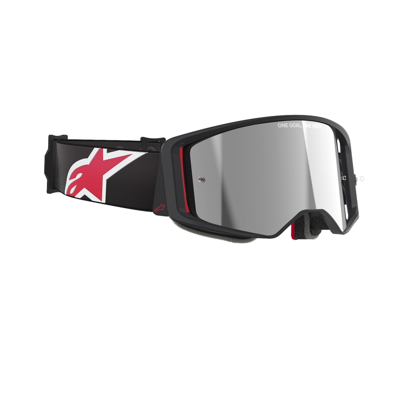 Очила за мотокрос Alpinestars Supertech Corp в черно и червено с огледални сребърни стъкла