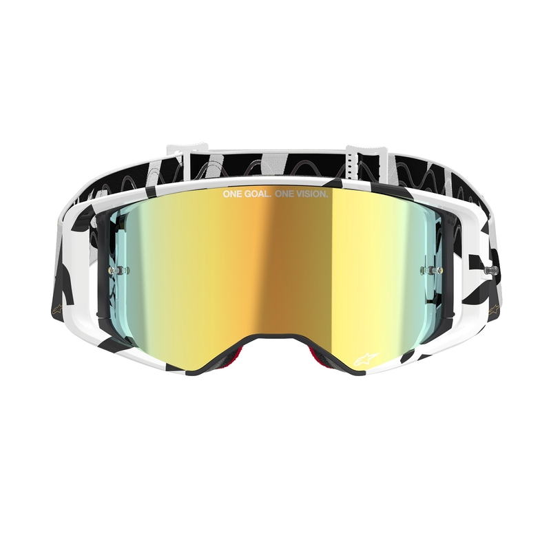 Очила за мотокрос Alpinestars Supertech Corp в бяло и златно с огледални златни стъкла