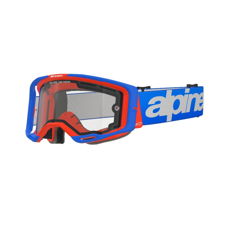 Очила за мотокрос Alpinestars Vision 8 Wordmark синьо-оранжеви с двойни прозрачни лещи против замъгляване