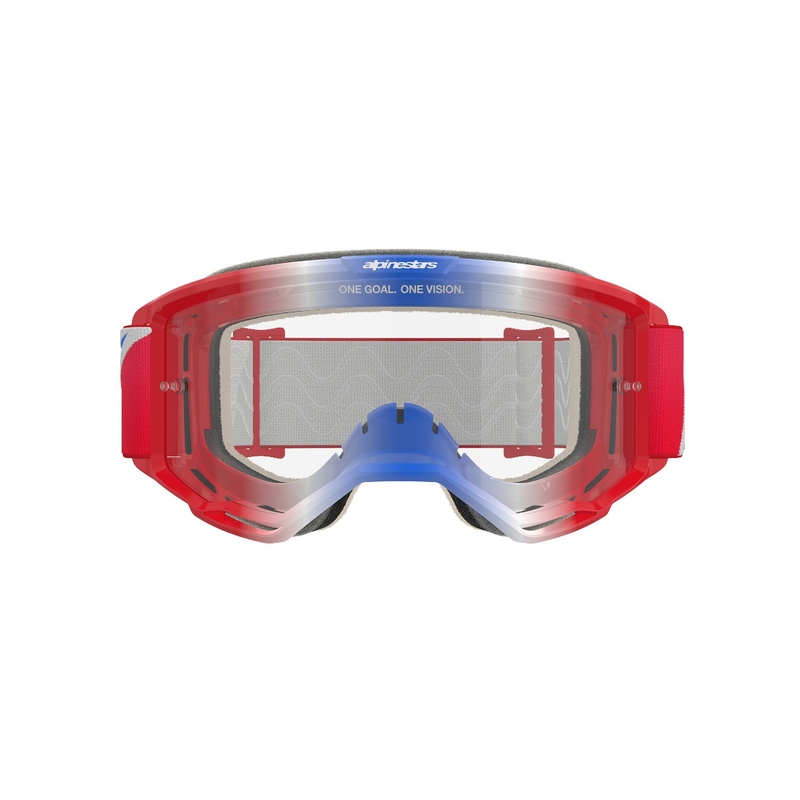 Очила за мотокрос Alpinestars Vision 5 Corp в червено, бяло и синьо с прозрачни стъкла