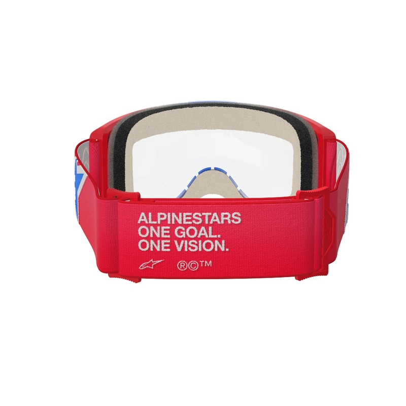 Очила за мотокрос Alpinestars Vision 5 Corp в червено, бяло и синьо с прозрачни стъкла