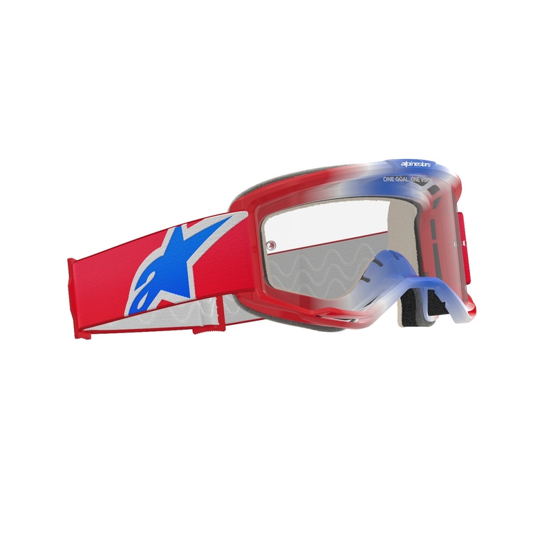 Очила за мотокрос Alpinestars Vision 5 Corp в червено, бяло и синьо с прозрачни стъкла