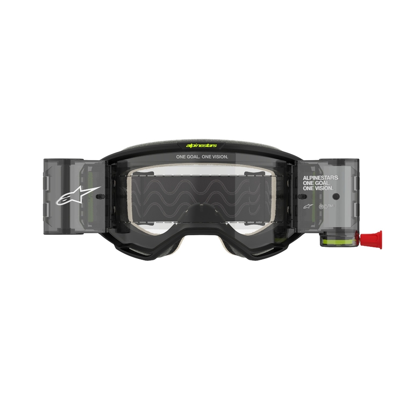 Мотокрос очила Alpinestars Vision 5 Hollow ROLL-OFF Wide Vision сиво-синьо-жълти с прозрачен плексиглас