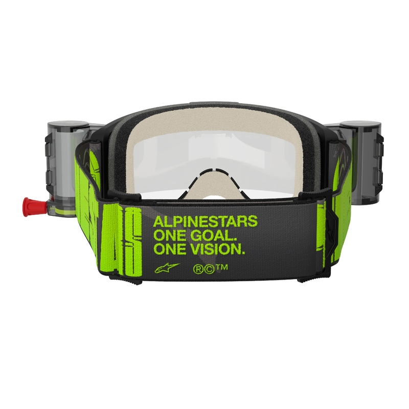 Мотокрос очила Alpinestars Vision 5 Hollow ROLL-OFF Wide Vision сиво-синьо-жълти с прозрачен плексиглас
