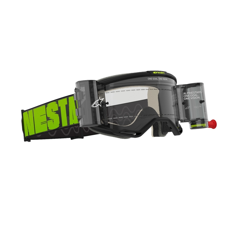 Мотокрос очила Alpinestars Vision 5 Hollow ROLL-OFF Wide Vision сиво-синьо-жълти с прозрачен плексиглас