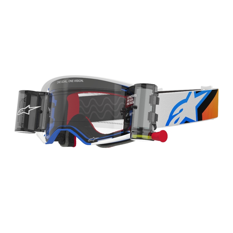 Очила за мотокрос Alpinestars Supertech Corp ROLL-OFF Wide Vision синьо-оранжеви с прозрачни лещи