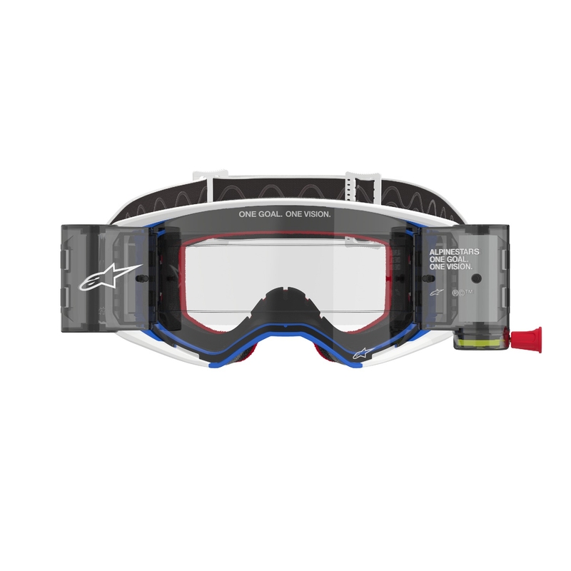 Очила за мотокрос Alpinestars Supertech Corp ROLL-OFF Wide Vision синьо-оранжеви с прозрачни лещи