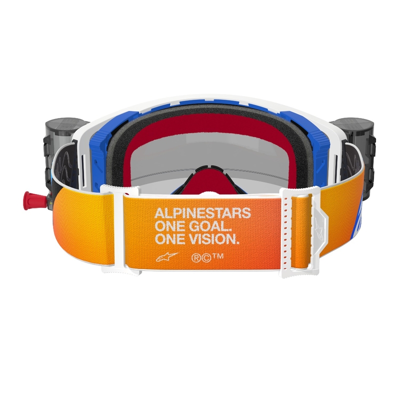 Очила за мотокрос Alpinestars Supertech Corp ROLL-OFF Wide Vision синьо-оранжеви с прозрачни лещи