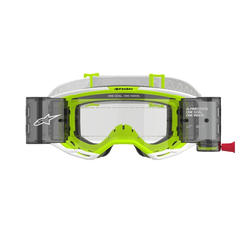 Очила за мотокрос Alpinestars Vision 8 Wordmark ROLL-OFF с широко зрение бяло-флуорово жълто с прозрачни лещи