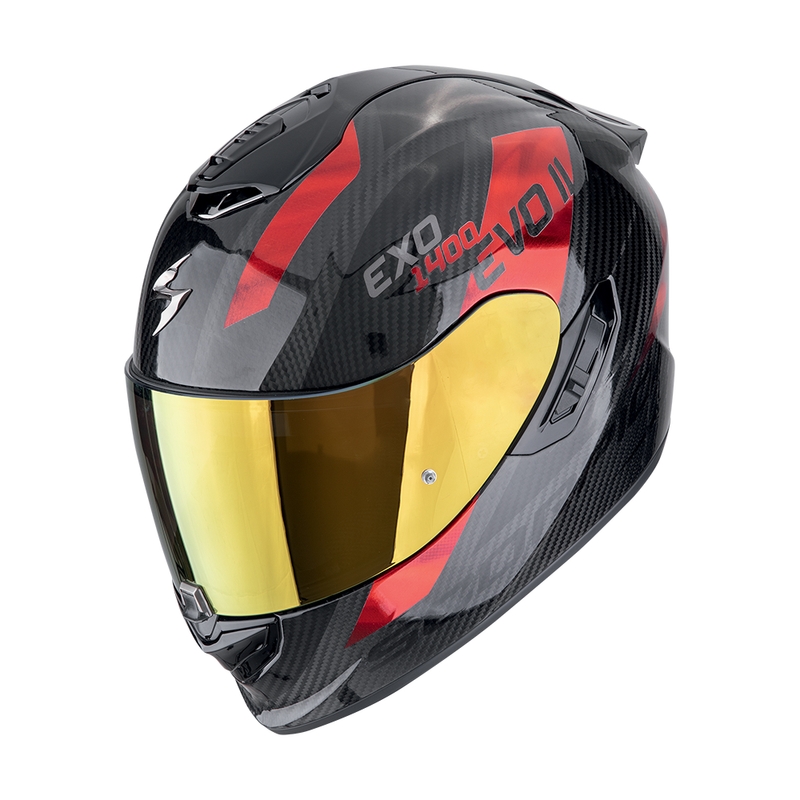 Интегрална мотоциклетна каска Scorpion EXO-1400 EVO II CARBON AIR PLATTED черно-червена разпродажба