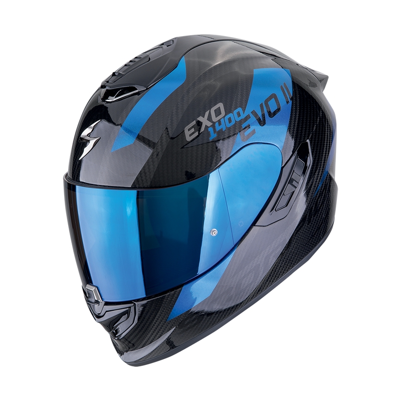 Интегрална мотоциклетна каска Scorpion EXO-1400 EVO II CARBON AIR PLATTED черно-синя разпродажба